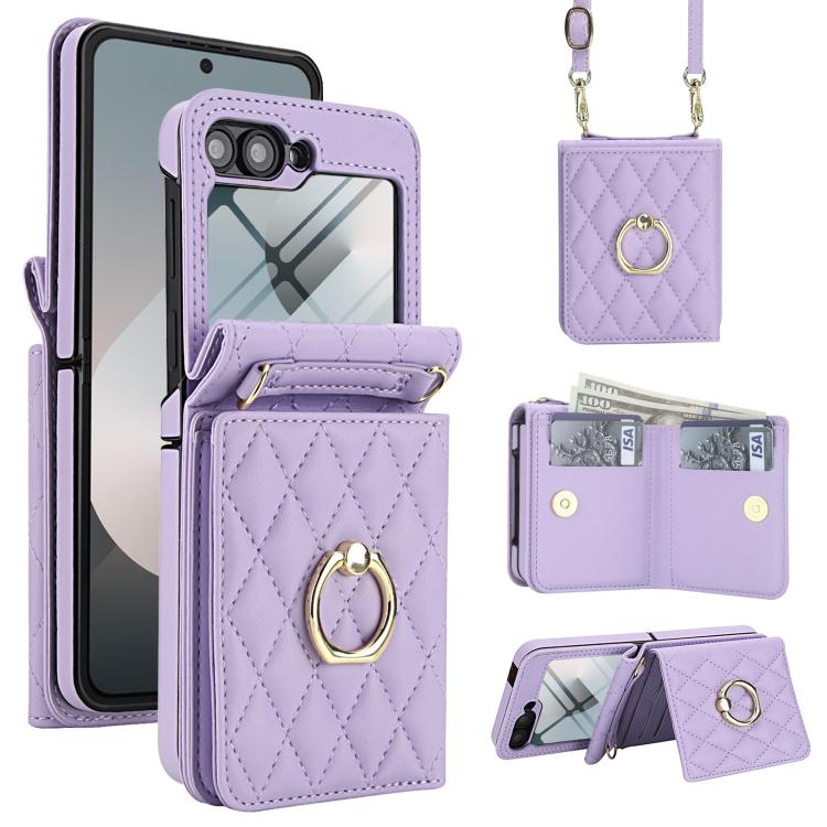 Integrated Rhombic Texture Ring RFID Card Bag Phone Case with Long Lanyard, For Galaxy Z Flip8 5G, For Samsung Galaxy Z Flip7 5G, For Samsung Galaxy Z Flip6 5G, For Samsung Galaxy Z Flip5 5G, For Samsung Galaxy Z Flip4 5G, For Samsung Galaxy Z Flip3 5G