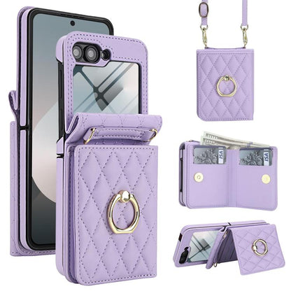 Integrated Rhombic Texture Ring RFID Card Bag Phone Case with Long Lanyard, For Galaxy Z Flip8 5G, For Samsung Galaxy Z Flip7 5G, For Samsung Galaxy Z Flip6 5G, For Samsung Galaxy Z Flip5 5G, For Samsung Galaxy Z Flip4 5G, For Samsung Galaxy Z Flip3 5G