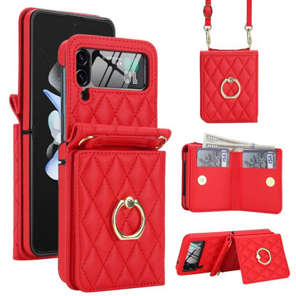 Integrated Rhombic Texture Ring RFID Card Bag Phone Case with Long Lanyard, For Galaxy Z Flip8 5G, For Samsung Galaxy Z Flip7 5G, For Samsung Galaxy Z Flip6 5G, For Samsung Galaxy Z Flip5 5G, For Samsung Galaxy Z Flip4 5G, For Samsung Galaxy Z Flip3 5G
