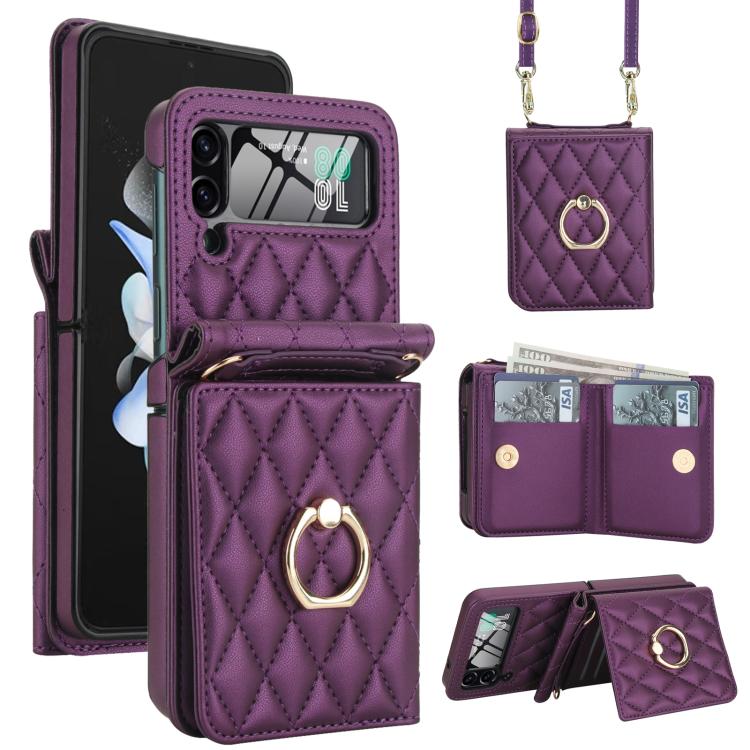 Integrated Rhombic Texture Ring RFID Card Bag Phone Case with Long Lanyard