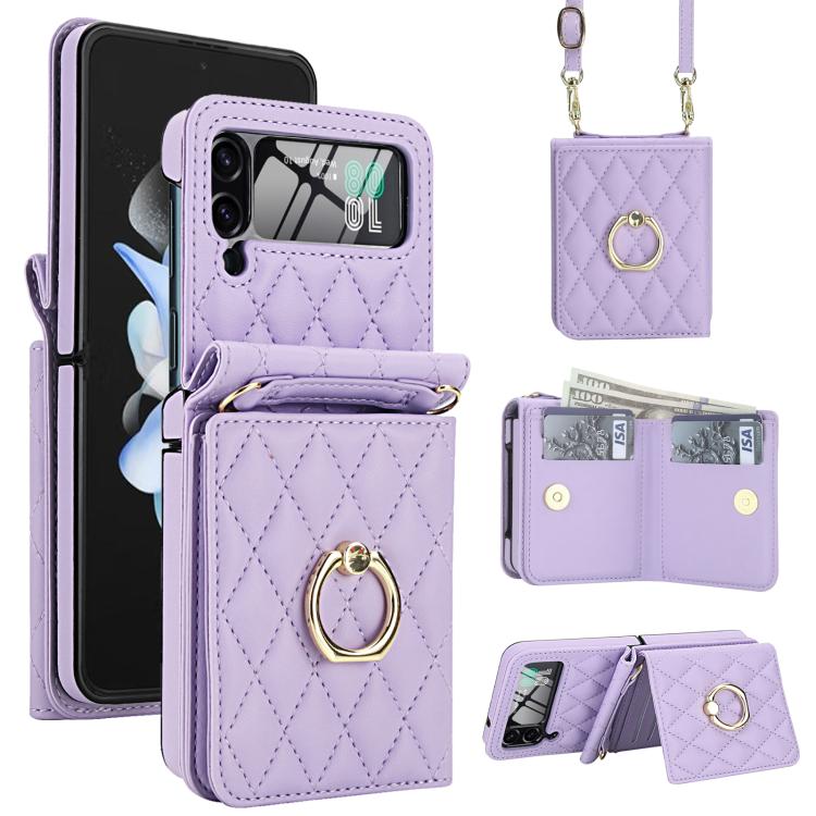 Integrated Rhombic Texture Ring RFID Card Bag Phone Case with Long Lanyard, For Galaxy Z Flip8 5G, For Samsung Galaxy Z Flip7 5G, For Samsung Galaxy Z Flip6 5G, For Samsung Galaxy Z Flip5 5G, For Samsung Galaxy Z Flip4 5G, For Samsung Galaxy Z Flip3 5G