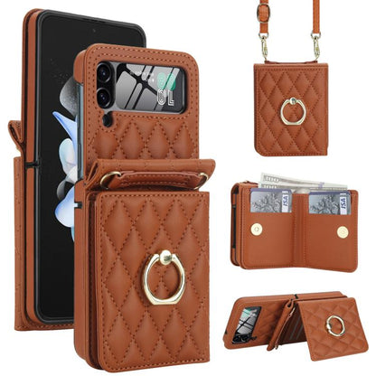 Integrated Rhombic Texture Ring RFID Card Bag Phone Case with Long Lanyard, For Galaxy Z Flip8 5G, For Samsung Galaxy Z Flip7 5G, For Samsung Galaxy Z Flip6 5G, For Samsung Galaxy Z Flip5 5G, For Samsung Galaxy Z Flip4 5G, For Samsung Galaxy Z Flip3 5G