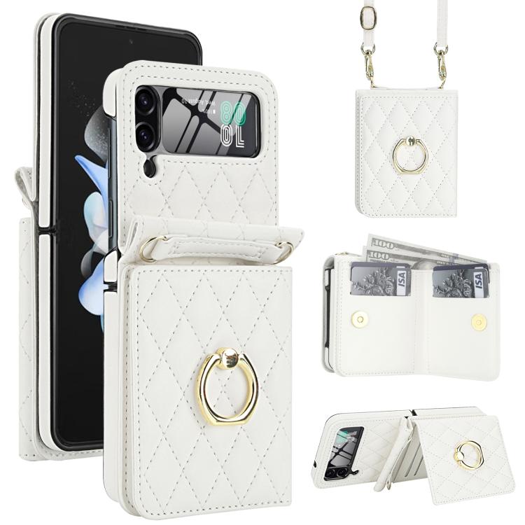 Integrated Rhombic Texture Ring RFID Card Bag Phone Case with Long Lanyard, For Galaxy Z Flip8 5G, For Samsung Galaxy Z Flip7 5G, For Samsung Galaxy Z Flip6 5G, For Samsung Galaxy Z Flip5 5G, For Samsung Galaxy Z Flip4 5G, For Samsung Galaxy Z Flip3 5G