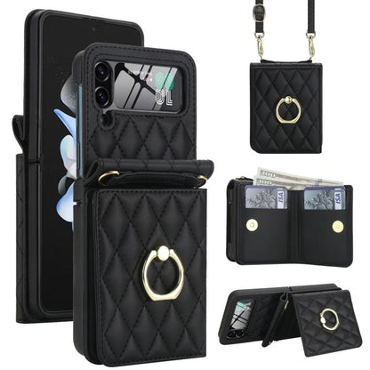 Integrated Rhombic Texture Ring RFID Card Bag Phone Case with Long Lanyard, For Galaxy Z Flip8 5G, For Samsung Galaxy Z Flip7 5G, For Samsung Galaxy Z Flip6 5G, For Samsung Galaxy Z Flip5 5G, For Samsung Galaxy Z Flip4 5G, For Samsung Galaxy Z Flip3 5G