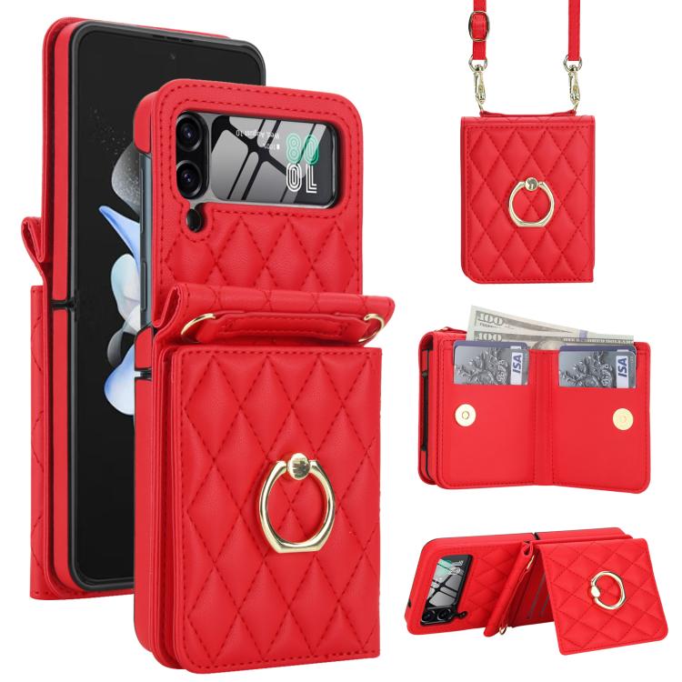 Integrated Rhombic Texture Ring RFID Card Bag Phone Case with Long Lanyard, For Galaxy Z Flip8 5G, For Samsung Galaxy Z Flip7 5G, For Samsung Galaxy Z Flip6 5G, For Samsung Galaxy Z Flip5 5G, For Samsung Galaxy Z Flip4 5G, For Samsung Galaxy Z Flip3 5G