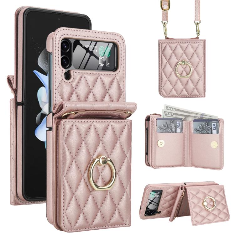 Integrated Rhombic Texture Ring RFID Card Bag Phone Case with Long Lanyard, For Galaxy Z Flip8 5G, For Samsung Galaxy Z Flip7 5G, For Samsung Galaxy Z Flip6 5G, For Samsung Galaxy Z Flip5 5G, For Samsung Galaxy Z Flip4 5G, For Samsung Galaxy Z Flip3 5G