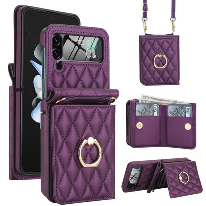 Integrated Rhombic Texture Ring RFID Card Bag Phone Case with Long Lanyard, For Galaxy Z Flip8 5G, For Samsung Galaxy Z Flip7 5G, For Samsung Galaxy Z Flip6 5G, For Samsung Galaxy Z Flip5 5G, For Samsung Galaxy Z Flip4 5G, For Samsung Galaxy Z Flip3 5G