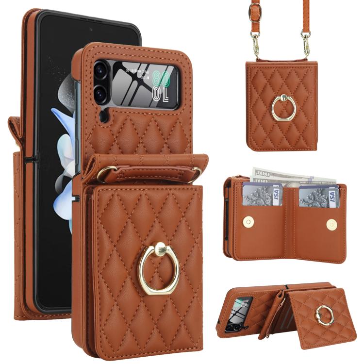 Integrated Rhombic Texture Ring RFID Card Bag Phone Case with Long Lanyard, For Galaxy Z Flip8 5G, For Samsung Galaxy Z Flip7 5G, For Samsung Galaxy Z Flip6 5G, For Samsung Galaxy Z Flip5 5G, For Samsung Galaxy Z Flip4 5G, For Samsung Galaxy Z Flip3 5G