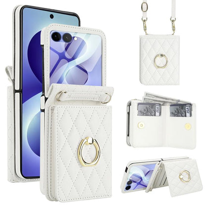 Integrated Rhombic Texture Ring RFID Card Bag Phone Case with Long Lanyard, For Galaxy Z Flip8 5G, For Samsung Galaxy Z Flip7 5G, For Samsung Galaxy Z Flip6 5G, For Samsung Galaxy Z Flip5 5G, For Samsung Galaxy Z Flip4 5G, For Samsung Galaxy Z Flip3 5G