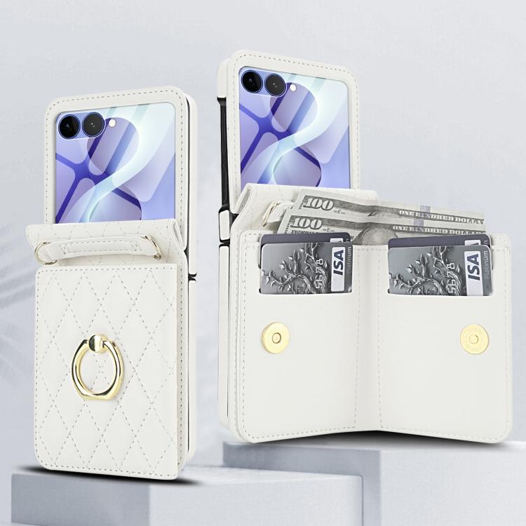 Integrated Rhombic Texture Ring RFID Card Bag Phone Case with Long Lanyard, For Galaxy Z Flip8 5G, For Samsung Galaxy Z Flip7 5G, For Samsung Galaxy Z Flip6 5G, For Samsung Galaxy Z Flip5 5G, For Samsung Galaxy Z Flip4 5G, For Samsung Galaxy Z Flip3 5G