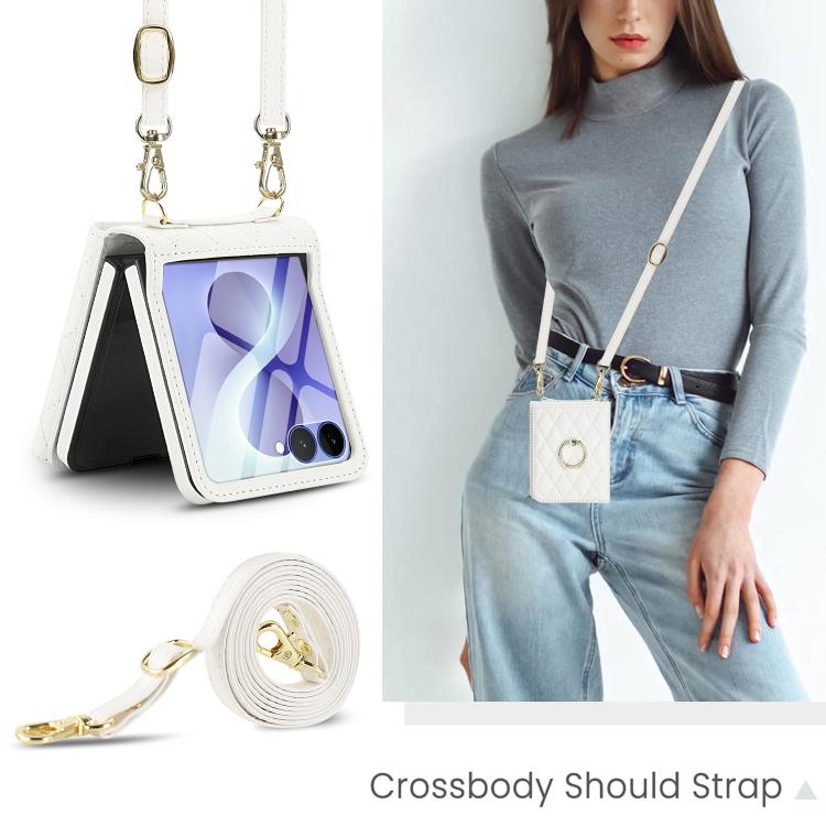 Integrated Rhombic Texture Ring RFID Card Bag Phone Case with Long Lanyard, For Galaxy Z Flip8 5G, For Samsung Galaxy Z Flip7 5G, For Samsung Galaxy Z Flip6 5G, For Samsung Galaxy Z Flip5 5G, For Samsung Galaxy Z Flip4 5G, For Samsung Galaxy Z Flip3 5G