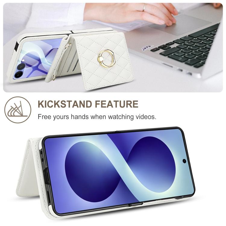 Integrated Rhombic Texture Ring RFID Card Bag Phone Case with Long Lanyard, For Galaxy Z Flip8 5G, For Samsung Galaxy Z Flip7 5G, For Samsung Galaxy Z Flip6 5G, For Samsung Galaxy Z Flip5 5G, For Samsung Galaxy Z Flip4 5G, For Samsung Galaxy Z Flip3 5G