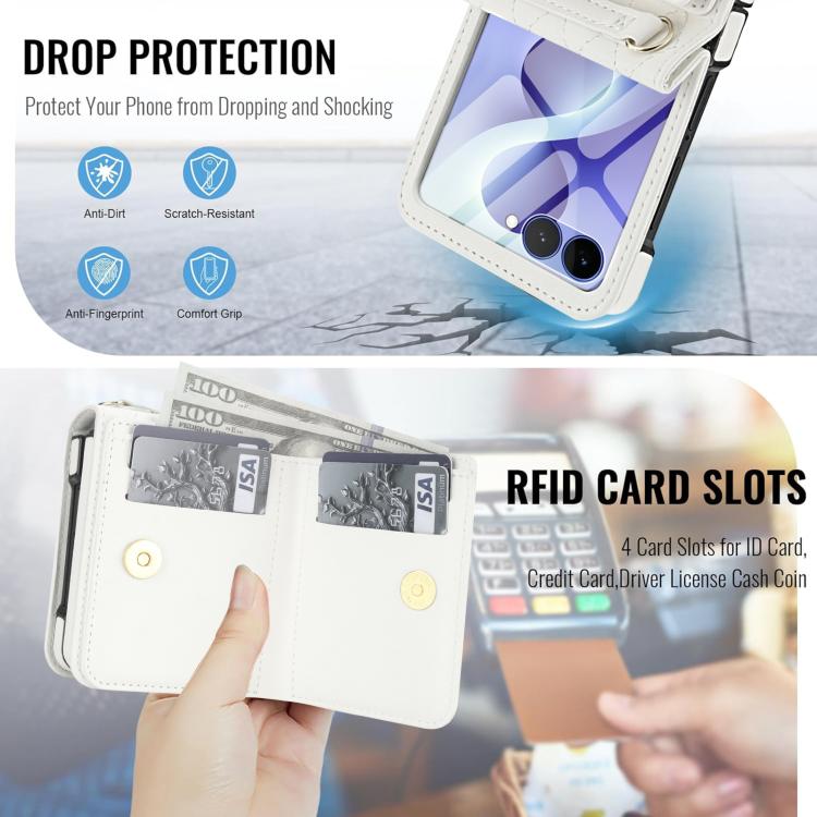 Integrated Rhombic Texture Ring RFID Card Bag Phone Case with Long Lanyard, For Galaxy Z Flip8 5G, For Samsung Galaxy Z Flip7 5G, For Samsung Galaxy Z Flip6 5G, For Samsung Galaxy Z Flip5 5G, For Samsung Galaxy Z Flip4 5G, For Samsung Galaxy Z Flip3 5G