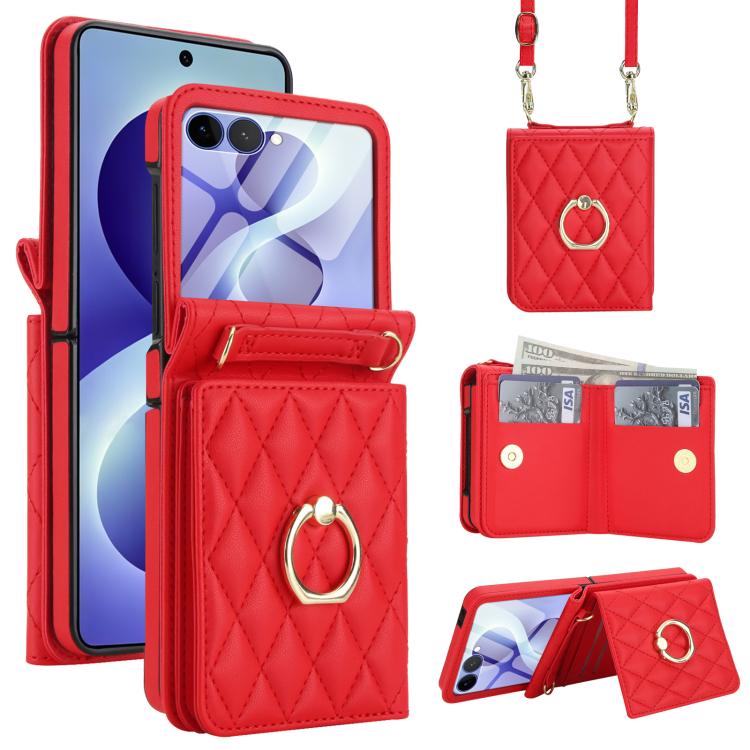 Integrated Rhombic Texture Ring RFID Card Bag Phone Case with Long Lanyard, For Galaxy Z Flip8 5G, For Samsung Galaxy Z Flip7 5G, For Samsung Galaxy Z Flip6 5G, For Samsung Galaxy Z Flip5 5G, For Samsung Galaxy Z Flip4 5G, For Samsung Galaxy Z Flip3 5G
