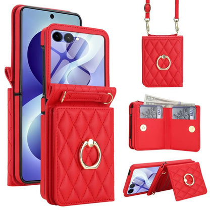 Integrated Rhombic Texture Ring RFID Card Bag Phone Case with Long Lanyard, For Galaxy Z Flip8 5G, For Samsung Galaxy Z Flip7 5G, For Samsung Galaxy Z Flip6 5G, For Samsung Galaxy Z Flip5 5G, For Samsung Galaxy Z Flip4 5G, For Samsung Galaxy Z Flip3 5G
