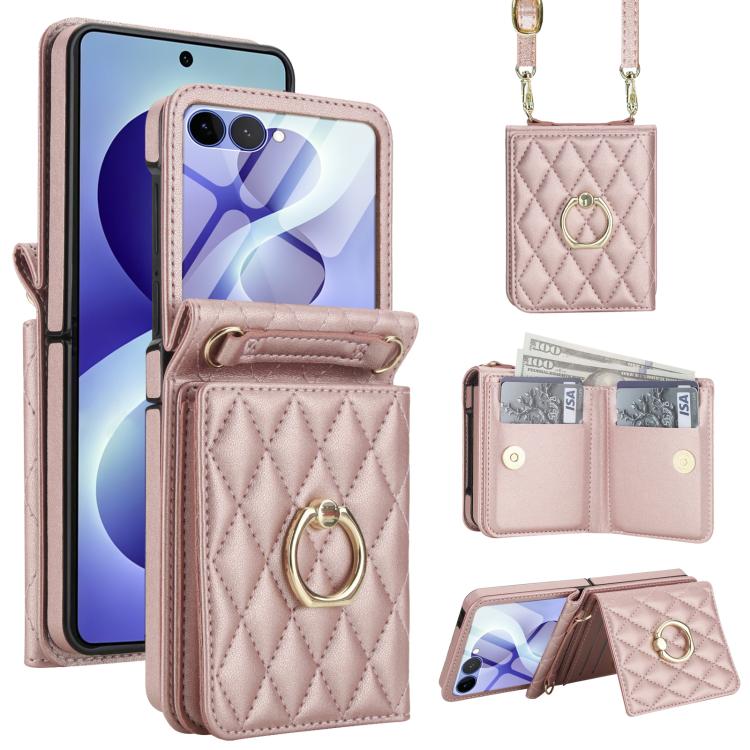 Integrated Rhombic Texture Ring RFID Card Bag Phone Case with Long Lanyard, For Galaxy Z Flip8 5G, For Samsung Galaxy Z Flip7 5G, For Samsung Galaxy Z Flip6 5G, For Samsung Galaxy Z Flip5 5G, For Samsung Galaxy Z Flip4 5G, For Samsung Galaxy Z Flip3 5G