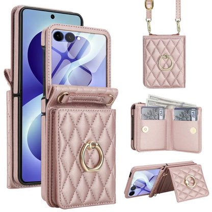 Integrated Rhombic Texture Ring RFID Card Bag Phone Case with Long Lanyard, For Galaxy Z Flip8 5G, For Samsung Galaxy Z Flip7 5G, For Samsung Galaxy Z Flip6 5G, For Samsung Galaxy Z Flip5 5G, For Samsung Galaxy Z Flip4 5G, For Samsung Galaxy Z Flip3 5G