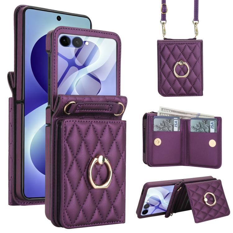 Integrated Rhombic Texture Ring RFID Card Bag Phone Case with Long Lanyard, For Galaxy Z Flip8 5G, For Samsung Galaxy Z Flip7 5G, For Samsung Galaxy Z Flip6 5G, For Samsung Galaxy Z Flip5 5G, For Samsung Galaxy Z Flip4 5G, For Samsung Galaxy Z Flip3 5G