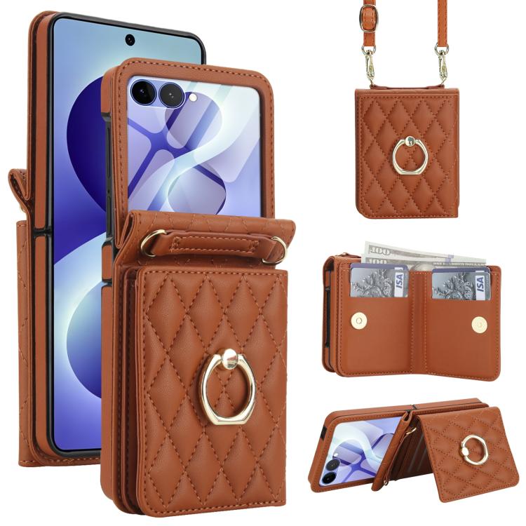 Integrated Rhombic Texture Ring RFID Card Bag Phone Case with Long Lanyard, For Galaxy Z Flip8 5G, For Samsung Galaxy Z Flip7 5G, For Samsung Galaxy Z Flip6 5G, For Samsung Galaxy Z Flip5 5G, For Samsung Galaxy Z Flip4 5G, For Samsung Galaxy Z Flip3 5G