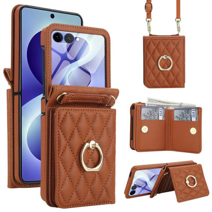 Integrated Rhombic Texture Ring RFID Card Bag Phone Case with Long Lanyard, For Galaxy Z Flip8 5G, For Samsung Galaxy Z Flip7 5G, For Samsung Galaxy Z Flip6 5G, For Samsung Galaxy Z Flip5 5G, For Samsung Galaxy Z Flip4 5G, For Samsung Galaxy Z Flip3 5G