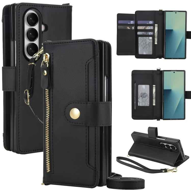 Seven Card Slots Zipper Wallet Leather Phone Case with Lanyard, For Samsung Galaxy Z Fold7 5G