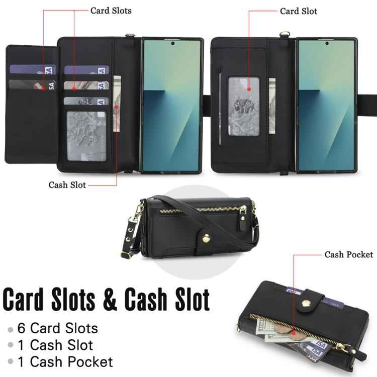 Seven Card Slots Zipper Wallet Leather Phone Case with Lanyard, For Samsung Galaxy Z Fold7 5G