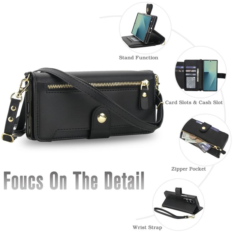 Seven Card Slots Zipper Wallet Leather Phone Case with Lanyard, For Samsung Galaxy Z Fold7 5G