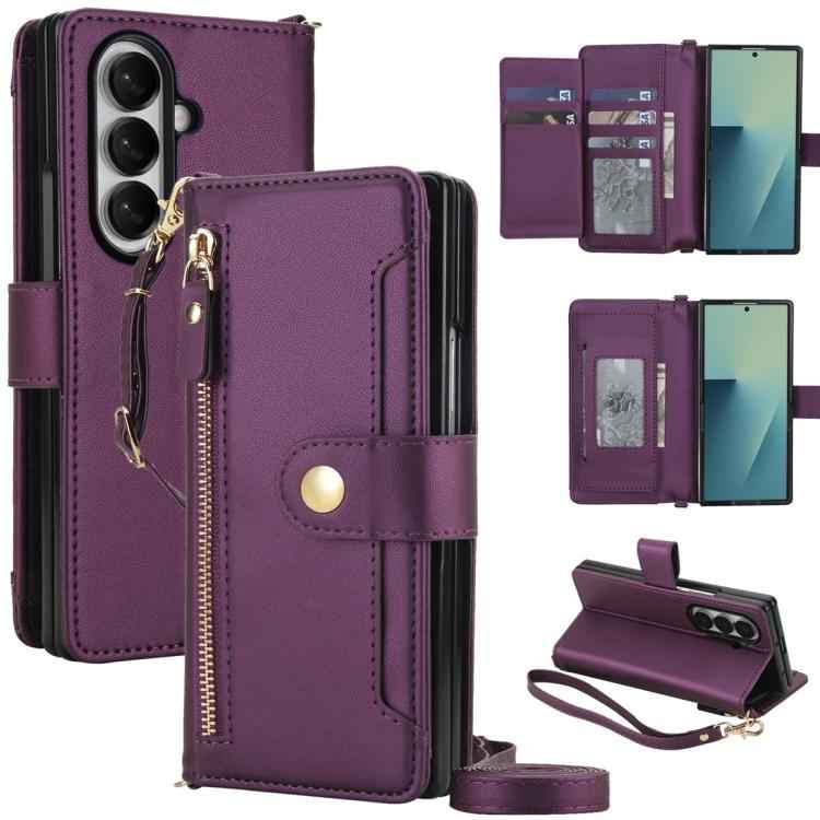 Seven Card Slots Zipper Wallet Leather Phone Case with Lanyard, For Samsung Galaxy Z Fold7 5G