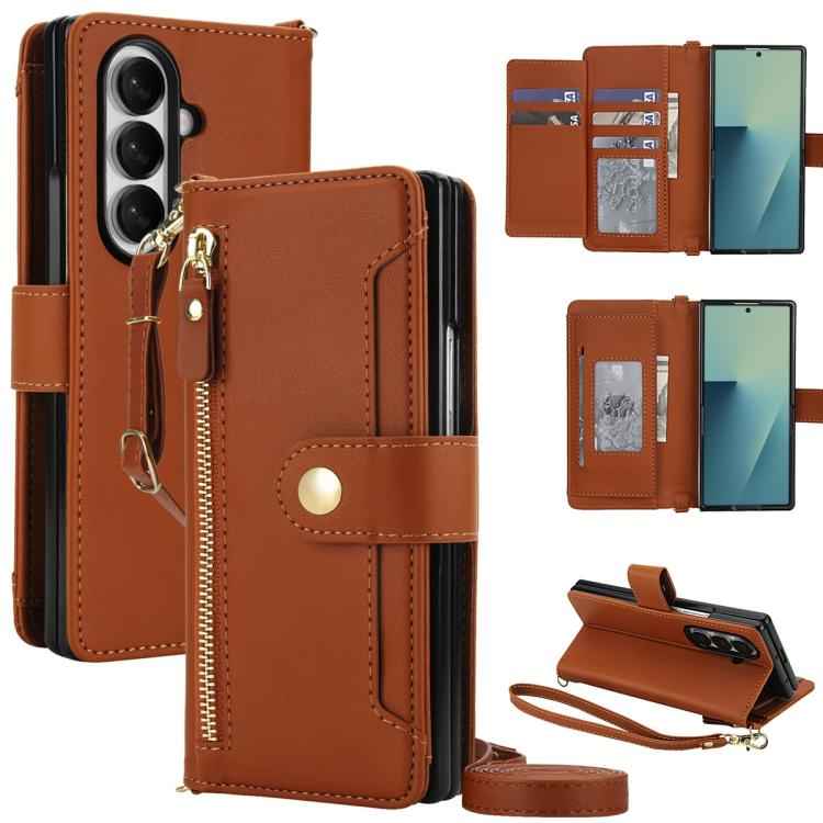 Seven Card Slots Zipper Wallet Leather Phone Case with Lanyard, For Samsung Galaxy Z Fold7 5G