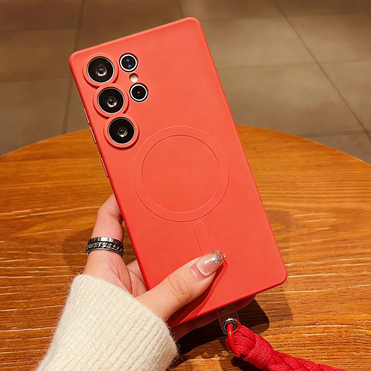 Solid Color Liquid Silicone Magnetic Phone Case with Lanyard, For Samsung Galaxy S21+ 5G, For Samsung Galaxy S21 Ultra 5G