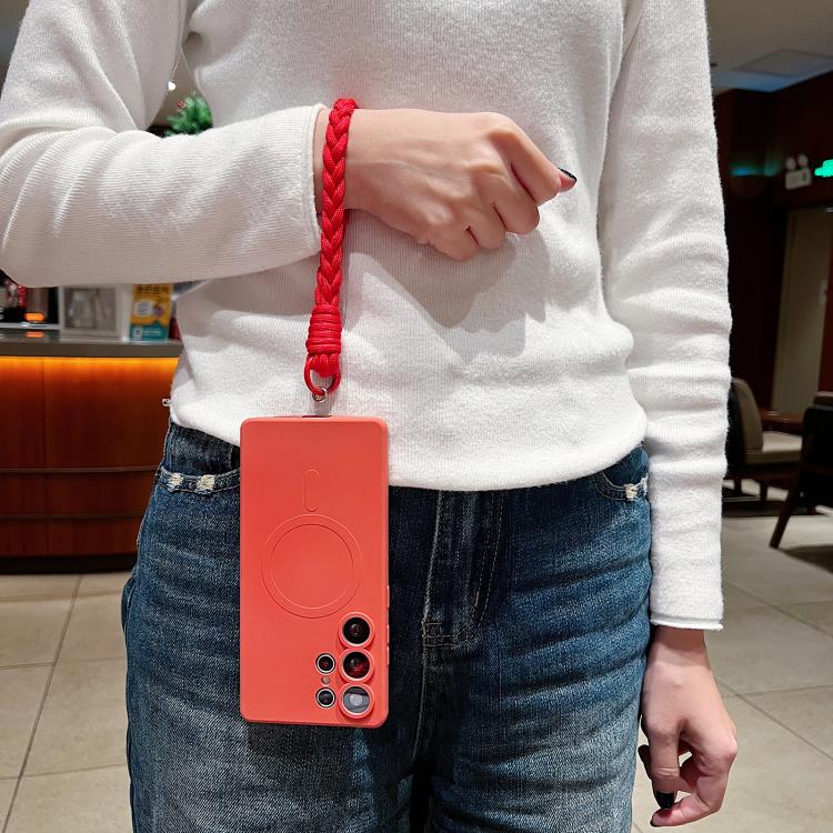 Solid Color Liquid Silicone Magnetic Phone Case with Lanyard, For Samsung Galaxy S21+ 5G, For Samsung Galaxy S21 Ultra 5G
