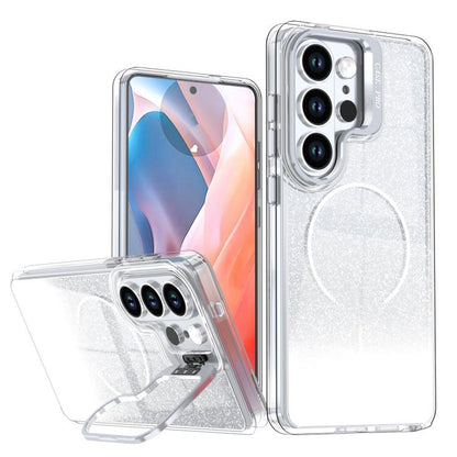 Glitter Gradient Magnetic Lens Frame Holder Phone Case, For Samsung Galaxy S26+ 5G, For Samsung Galaxy S26 Ultra 5G, For Samsung Galaxy S26 5G, For Samsung Galaxy S25 FE 5G, For Samsung Galaxy S25 Edge 5G, For Samsung Galaxy S25 / S24 5G               ...