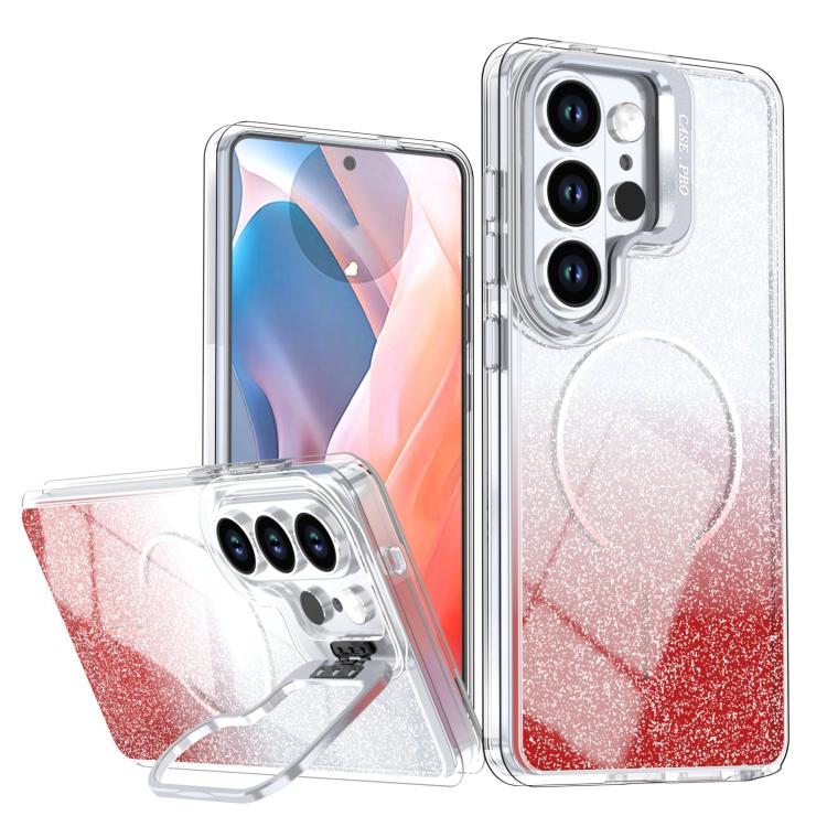 Glitter Gradient Magnetic Lens Frame Holder Phone Case, For Samsung Galaxy S26+ 5G, For Samsung Galaxy S26 Ultra 5G, For Samsung Galaxy S26 5G, For Samsung Galaxy S25 FE 5G, For Samsung Galaxy S25 Edge 5G, For Samsung Galaxy S25 / S24 5G               ...