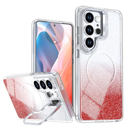 Glitter Gradient Magnetic Lens Frame Holder Phone Case, For Samsung Galaxy S26+ 5G, For Samsung Galaxy S26 Ultra 5G, For Samsung Galaxy S26 5G, For Samsung Galaxy S25 FE 5G, For Samsung Galaxy S25 Edge 5G, For Samsung Galaxy S25 / S24 5G               ...