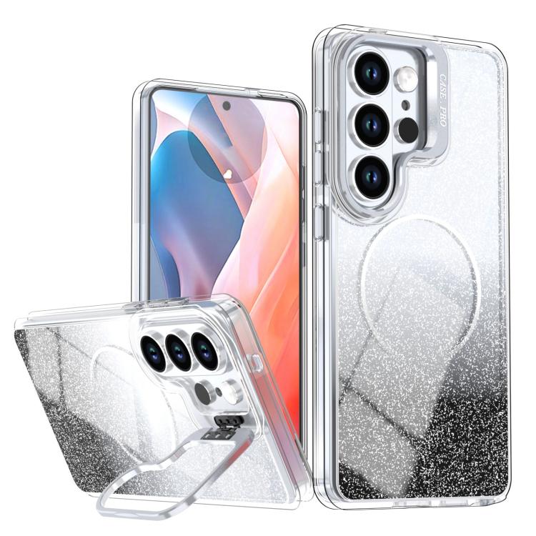 Glitter Gradient Magnetic Lens Frame Holder Phone Case, For Samsung Galaxy S26+ 5G, For Samsung Galaxy S26 Ultra 5G, For Samsung Galaxy S26 5G, For Samsung Galaxy S25 FE 5G, For Samsung Galaxy S25 Edge 5G, For Samsung Galaxy S25 / S24 5G               ...