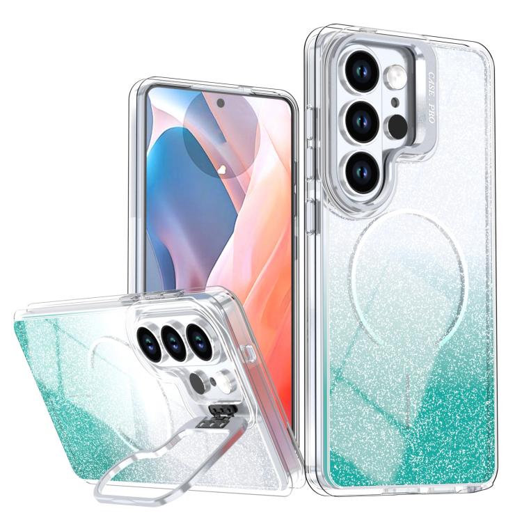 Glitter Gradient Magnetic Lens Frame Holder Phone Case, For Samsung Galaxy S26+ 5G, For Samsung Galaxy S26 Ultra 5G, For Samsung Galaxy S26 5G, For Samsung Galaxy S25 FE 5G, For Samsung Galaxy S25 Edge 5G, For Samsung Galaxy S25 / S24 5G               ...