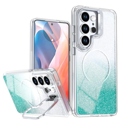Glitter Gradient Magnetic Lens Frame Holder Phone Case, For Samsung Galaxy S26+ 5G, For Samsung Galaxy S26 Ultra 5G, For Samsung Galaxy S26 5G, For Samsung Galaxy S25 FE 5G, For Samsung Galaxy S25 Edge 5G, For Samsung Galaxy S25 / S24 5G               ...