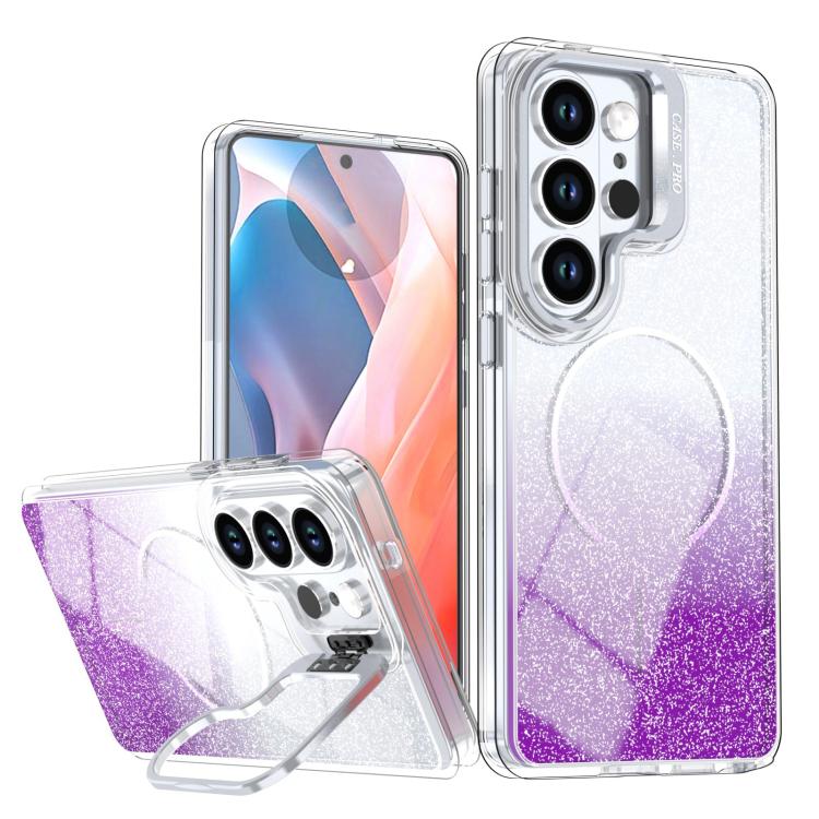 Glitter Gradient Magnetic Lens Frame Holder Phone Case, For Samsung Galaxy S26+ 5G, For Samsung Galaxy S26 Ultra 5G, For Samsung Galaxy S26 5G, For Samsung Galaxy S25 FE 5G, For Samsung Galaxy S25 Edge 5G, For Samsung Galaxy S25 / S24 5G               ...