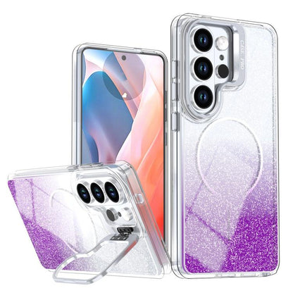 Glitter Gradient Magnetic Lens Frame Holder Phone Case, For Samsung Galaxy S26+ 5G, For Samsung Galaxy S26 Ultra 5G, For Samsung Galaxy S26 5G, For Samsung Galaxy S25 FE 5G, For Samsung Galaxy S25 Edge 5G, For Samsung Galaxy S25 / S24 5G               ...