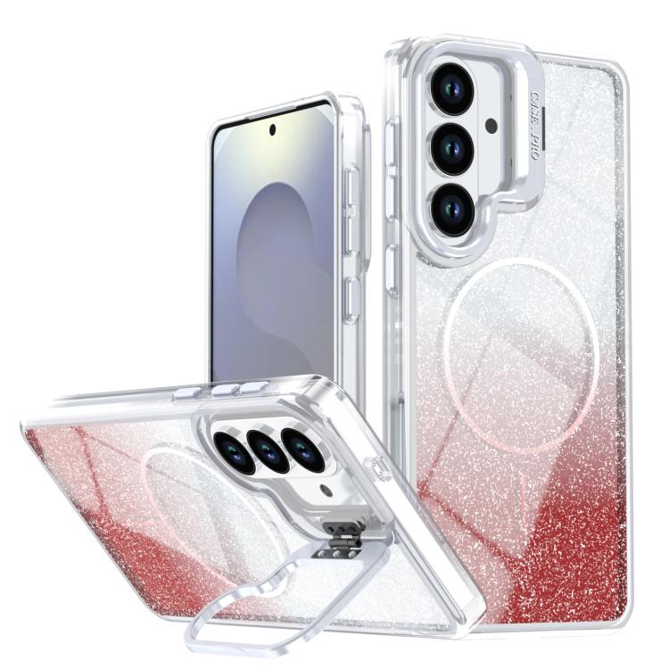 Glitter Gradient Magnetic Lens Frame Holder Phone Case, For Samsung Galaxy S26+ 5G, For Samsung Galaxy S26 Ultra 5G, For Samsung Galaxy S26 5G, For Samsung Galaxy S25 FE 5G, For Samsung Galaxy S25 Edge 5G, For Samsung Galaxy S25 / S24 5G               ...