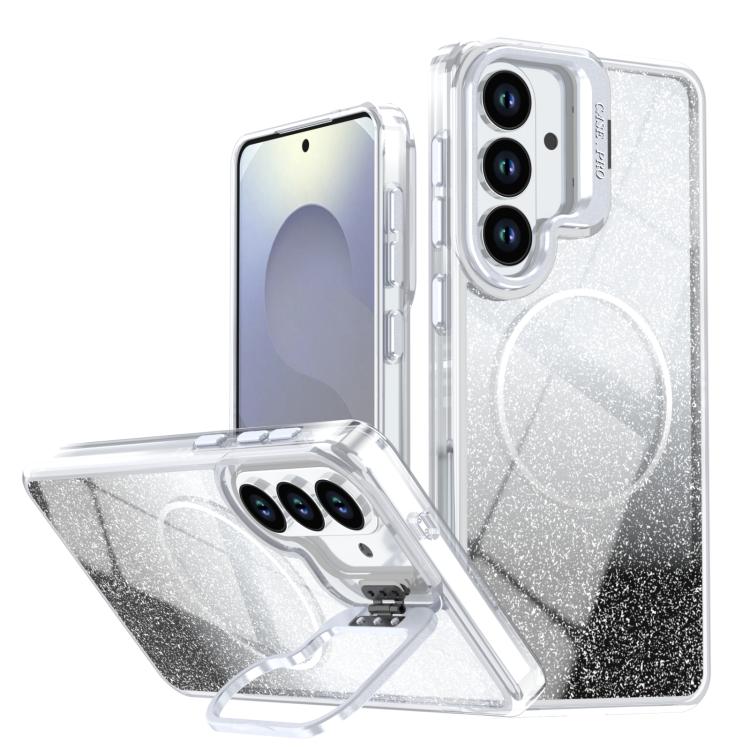Glitter Gradient Magnetic Lens Frame Holder Phone Case, For Samsung Galaxy S26+ 5G, For Samsung Galaxy S26 Ultra 5G, For Samsung Galaxy S26 5G, For Samsung Galaxy S25 FE 5G, For Samsung Galaxy S25 Edge 5G, For Samsung Galaxy S25 / S24 5G               ...
