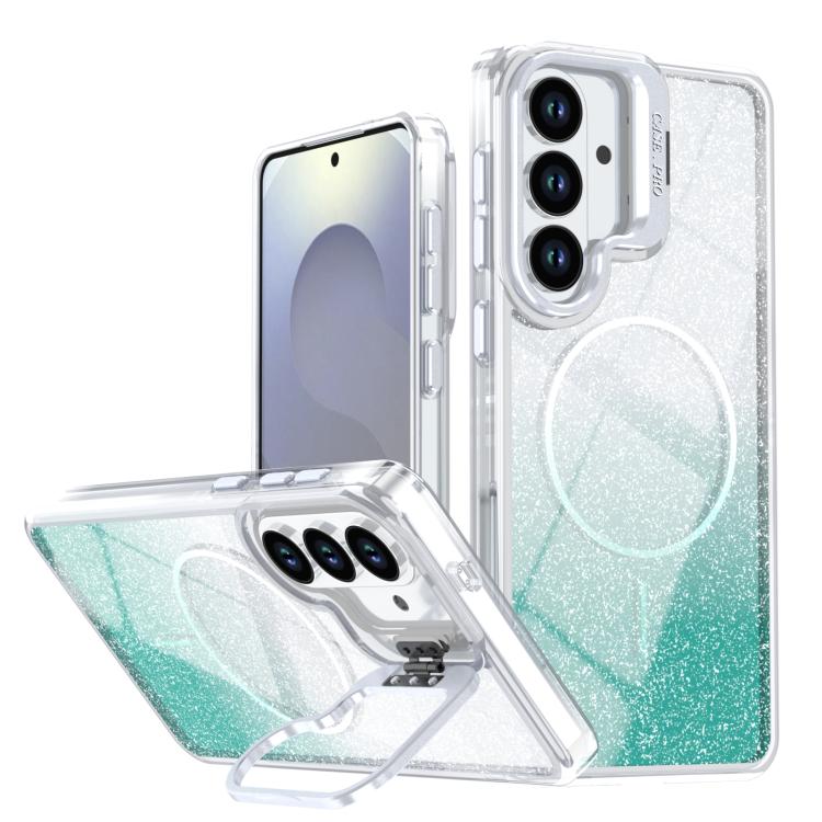 Glitter Gradient Magnetic Lens Frame Holder Phone Case, For Samsung Galaxy S26+ 5G, For Samsung Galaxy S26 Ultra 5G, For Samsung Galaxy S26 5G, For Samsung Galaxy S25 FE 5G, For Samsung Galaxy S25 Edge 5G, For Samsung Galaxy S25 / S24 5G               ...