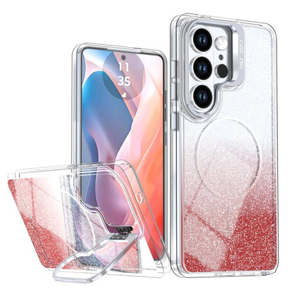 Glitter Gradient Magnetic Lens Frame Holder Phone Case, For Samsung Galaxy S26+ 5G, For Samsung Galaxy S26 Ultra 5G, For Samsung Galaxy S26 5G, For Samsung Galaxy S25 FE 5G, For Samsung Galaxy S25 Edge 5G, For Samsung Galaxy S25 / S24 5G               ...
