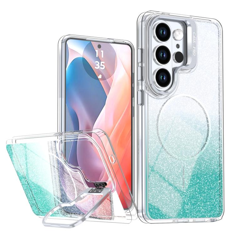 Glitter Gradient Magnetic Lens Frame Holder Phone Case, For Samsung Galaxy S24 Ultra 5G