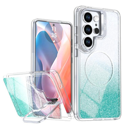 Glitter Gradient Magnetic Lens Frame Holder Phone Case, For Samsung Galaxy S24 Ultra 5G