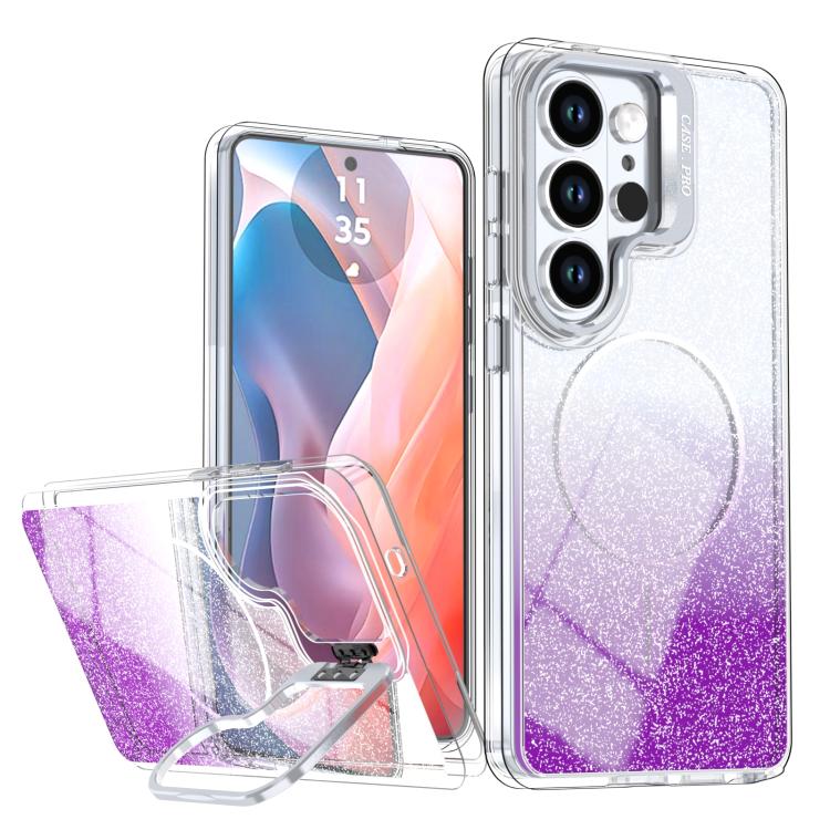 Glitter Gradient Magnetic Lens Frame Holder Phone Case, For Samsung Galaxy S24 Ultra 5G