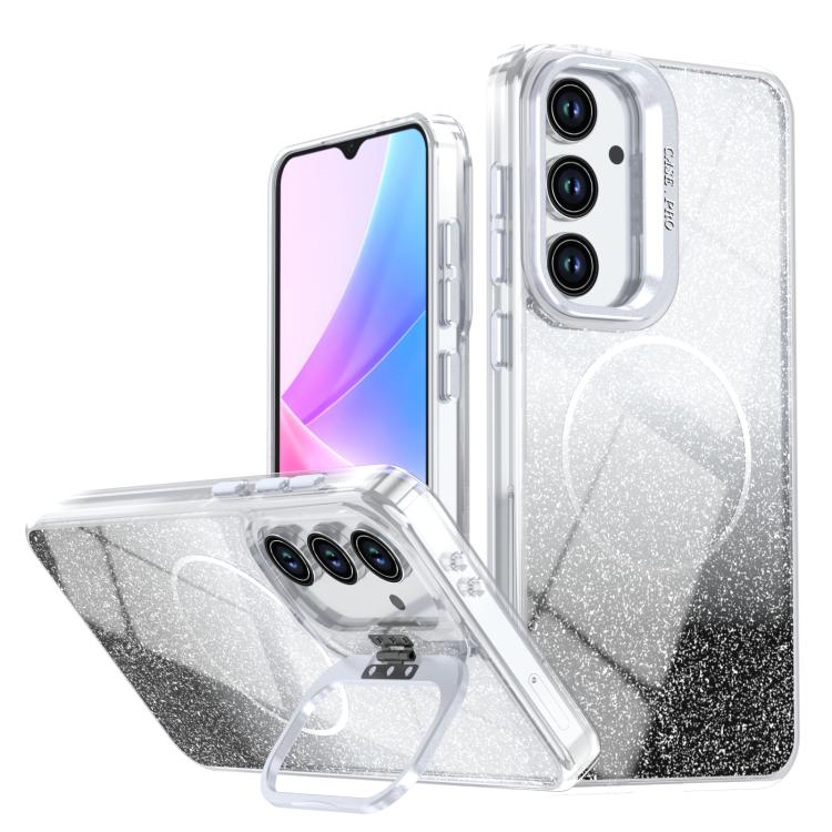 Glitter Gradient Magnetic Lens Frame Holder Phone Case, For Samsung Galaxy S26+ 5G, For Samsung Galaxy S26 Ultra 5G, For Samsung Galaxy S26 5G, For Samsung Galaxy S25 FE 5G, For Samsung Galaxy S25 Edge 5G, For Samsung Galaxy S25 / S24 5G               ...
