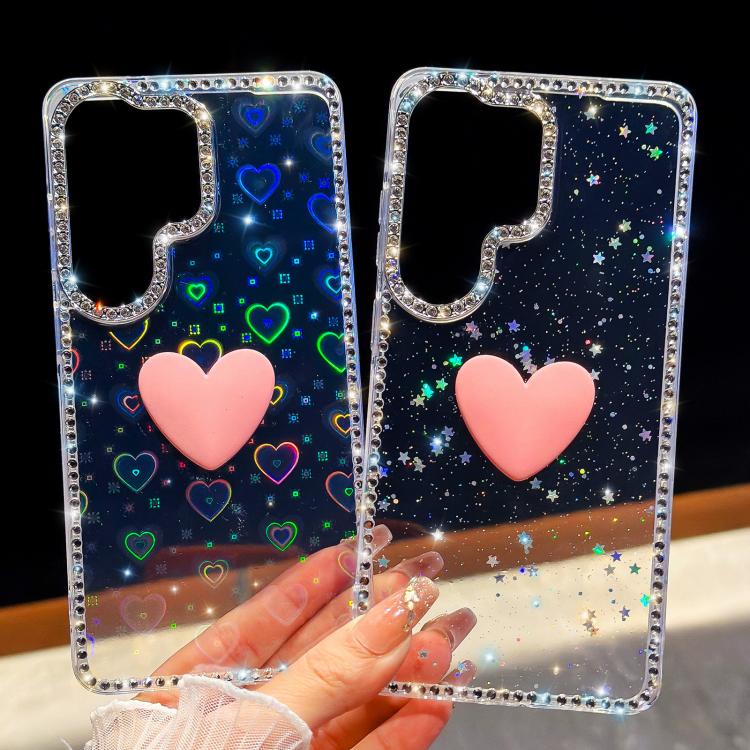 Flash Rhinestone Double-sided IMD Love Heart Phone Case, For Samsung Galaxy S25+ 5G, For Samsung Galaxy S25 Ultra 5G, For Samsung Galaxy S24 FE 5G, For Samsung Galaxy S24 Ultra 5G, For Samsung Galaxy S24+ 5G