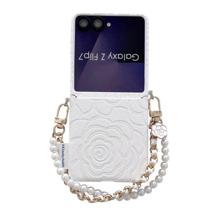 Side Buckle Embossed Camellia Phone Case with Bracelet, For Samsung Galaxy Z Flip7 5G