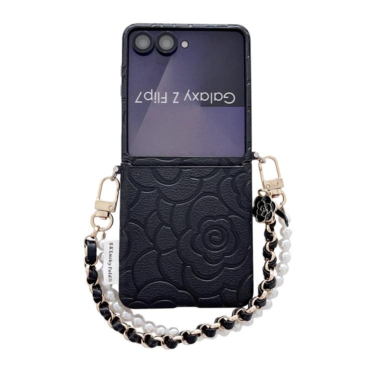 Side Buckle Embossed Camellia Phone Case with Bracelet, For Samsung Galaxy Z Flip7 5G